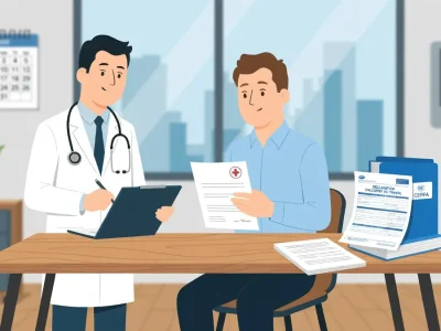 Un médecin et un patient discutent à une table pour déclarer un accident de travail