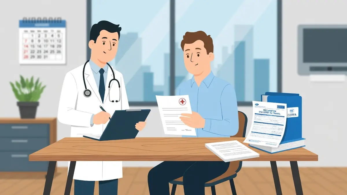 Un médecin et un patient discutent à une table pour déclarer un accident de travail