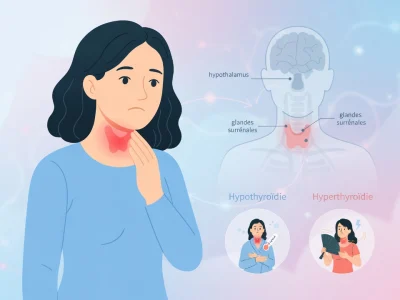 Une femme se tient la gorge avec un schéma anatomique pour thyroïde symptôme