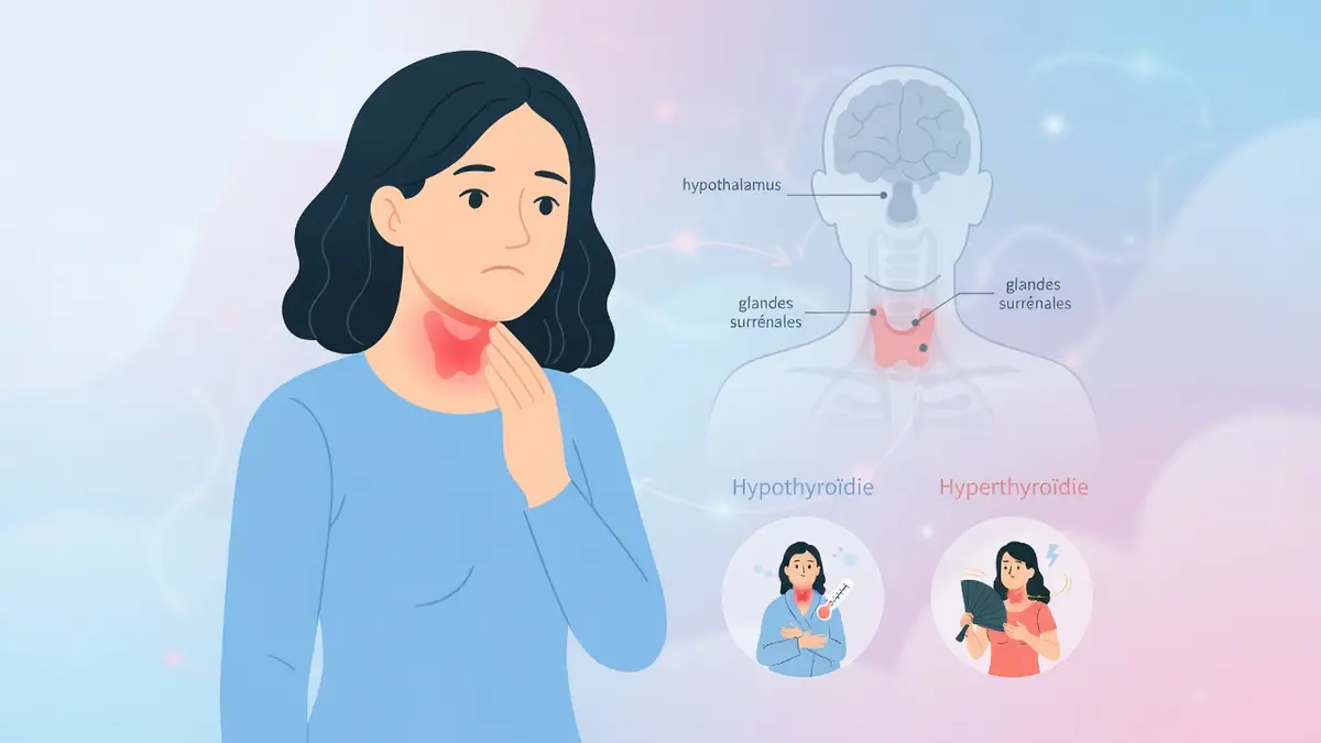 Une femme se tient la gorge avec un schéma anatomique pour thyroïde symptôme