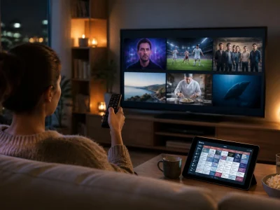 Une femme choisit un film sur sa tablette tout en consultant le programme tv du soir affiché sur son écran de télévision