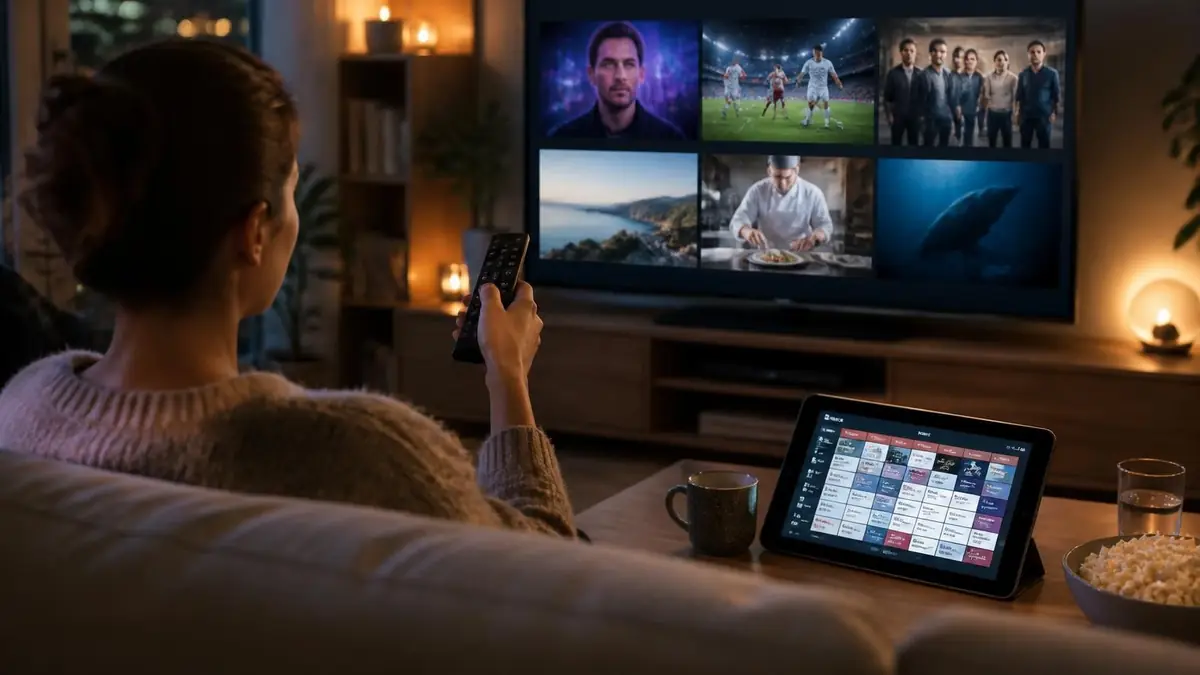 Une femme choisit un film sur sa tablette tout en consultant le programme tv du soir affiché sur son écran de télévision