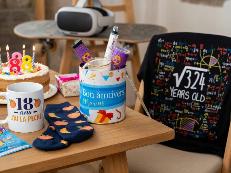 Table en bois avec gâteau bougies cadeaux et casque VR pour idee cadeau garçon 18 ans