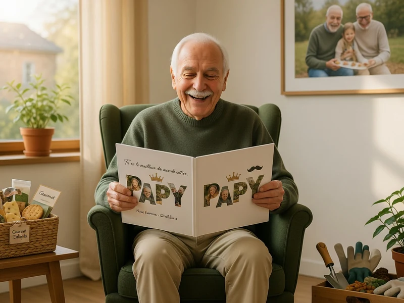 Un grand-père souriant dans un fauteuil vert entouré de cadeaux illustre l'idée cadeau Grand-père