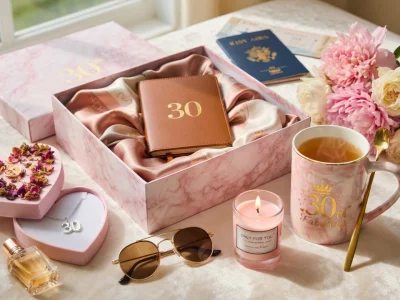 Assortiment élégant pour un cadeau femme 30 ans avec boîte rose, fleurs et accessoires sur une table