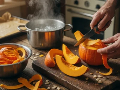 Scène de cuisine montrant comment éplucher potimarron avec couteau sur planche entourée de tranches et pelures