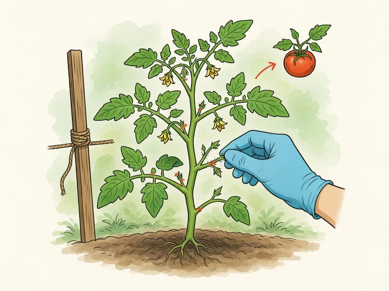 Une main gantée enlève les gourmands tomates d'un plant de tomate tuteuré