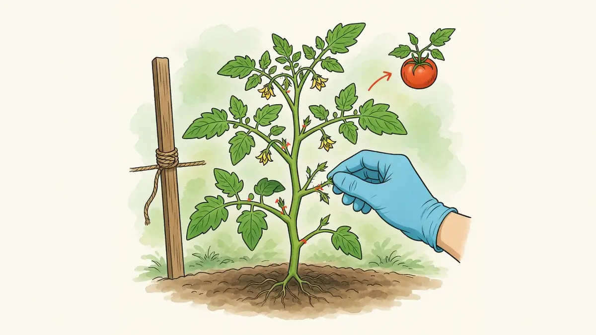 Une main gantée enlève les gourmands tomates d'un plant de tomate tuteuré