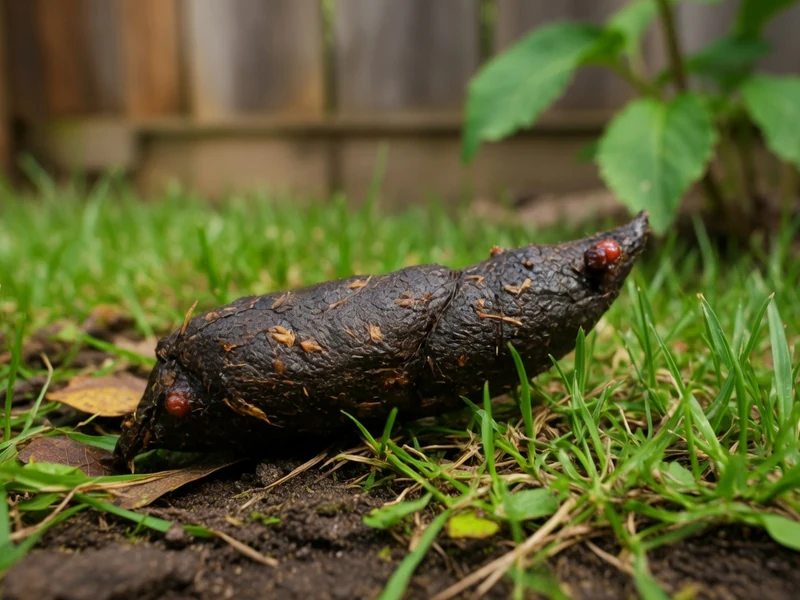 Gros plan sur une crotte de renard sombre posée sur l'herbe d'un jardin
