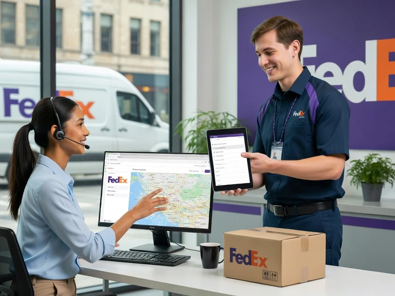 Une employée du FedEx service client discute avec un coursier tenant une tablette.
