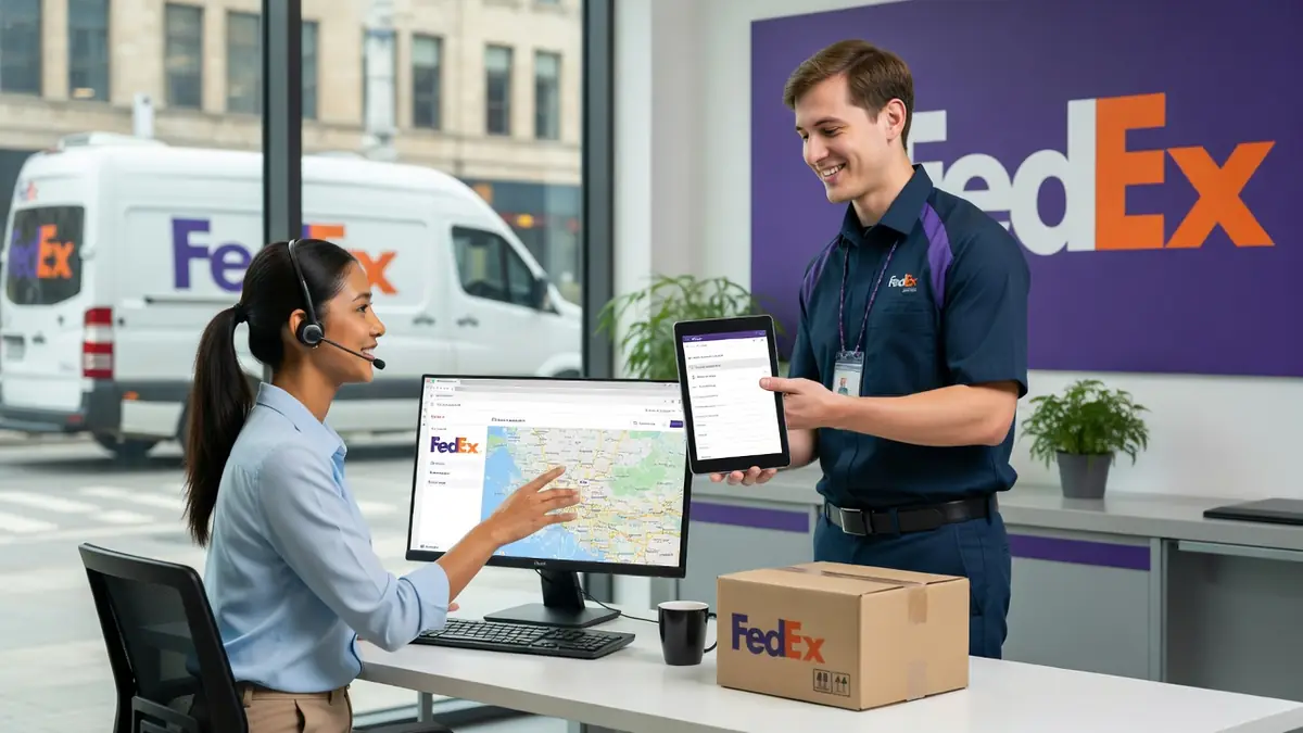 Une employée du FedEx service client discute avec un coursier tenant une tablette.