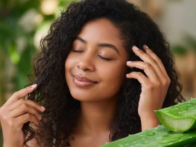 Une femme aux cheveux bouclés souriante illustrant les bienfaits de l'aloe vera et Les Cheveux