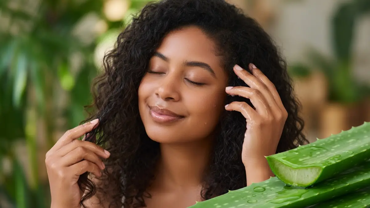 Une femme aux cheveux bouclés souriante illustrant les bienfaits de l'aloe vera et Les Cheveux