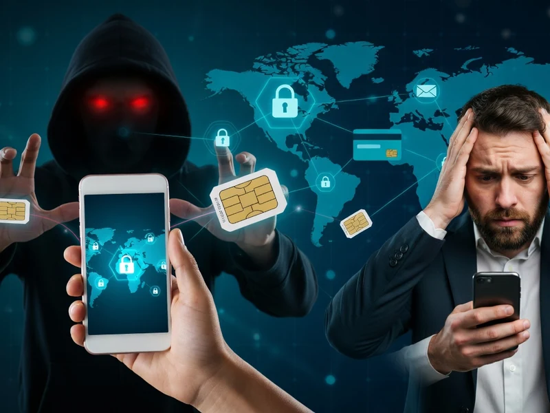 Un hacker aux yeux rouges et un homme inquiet illustrent l'escroquerie de l'échange de carte SIM