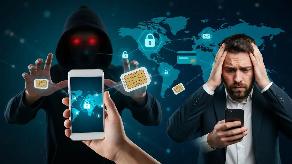 Un hacker aux yeux rouges et un homme inquiet illustrent l'escroquerie de l'échange de carte SIM