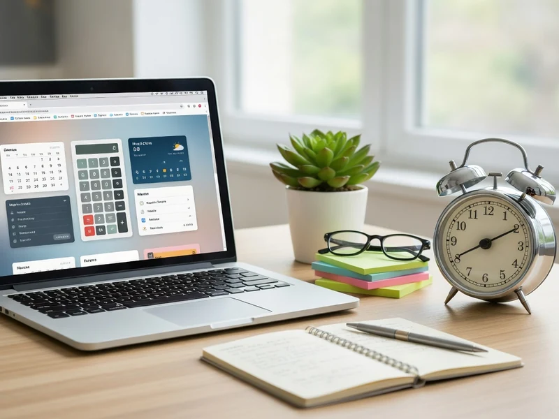 Un espace de travail avec ordinateur portable réveil et carnet où ça peut servir