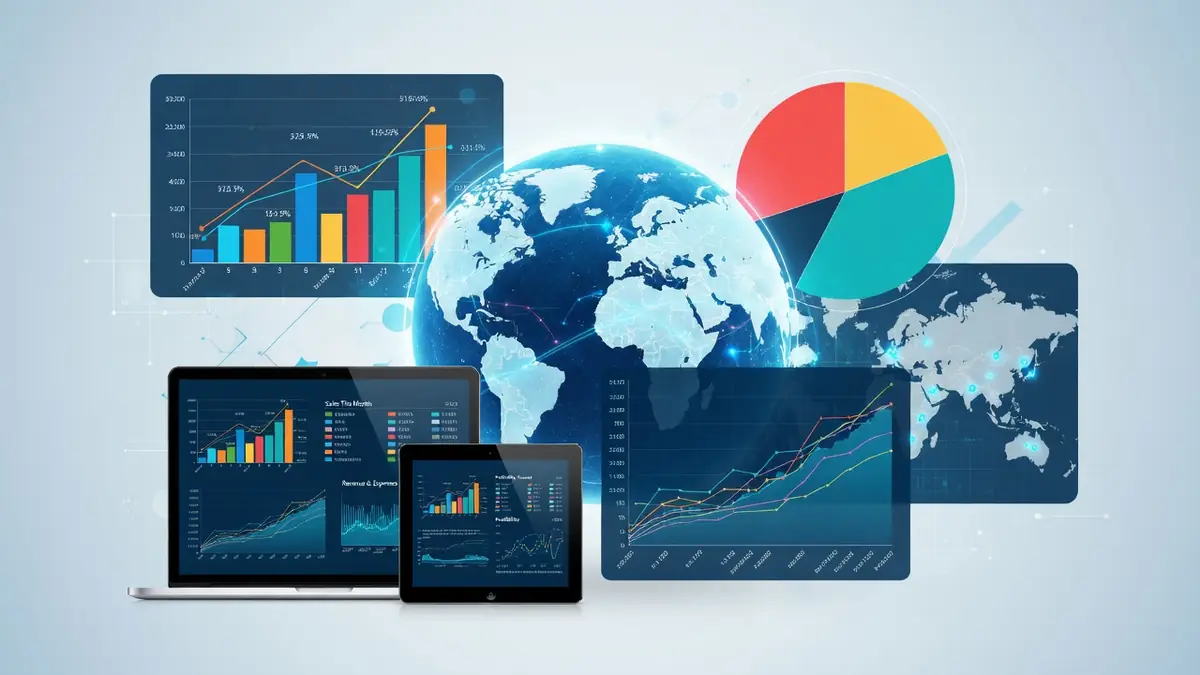 Écrans avec graphiques et globe illustrant la business intelligence Power BI avec cartes mondiales