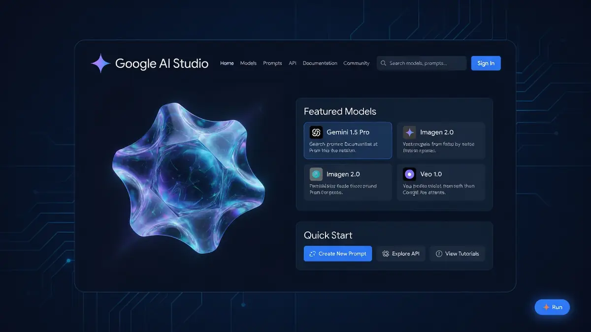 Ai Studio affiche une forme stellaire bleue lumineuse sur fond sombre technologique