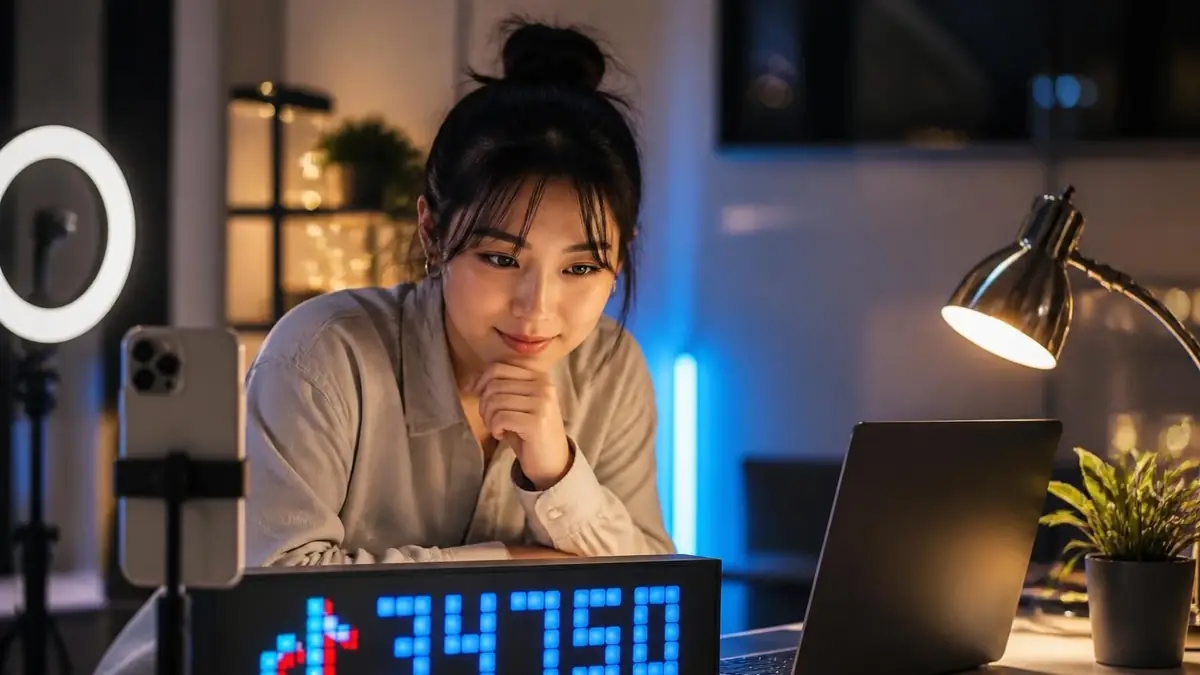Une jeune femme regarde avec satisfaction un compteur d'abonnés TikTok affiché sur un écran numérique