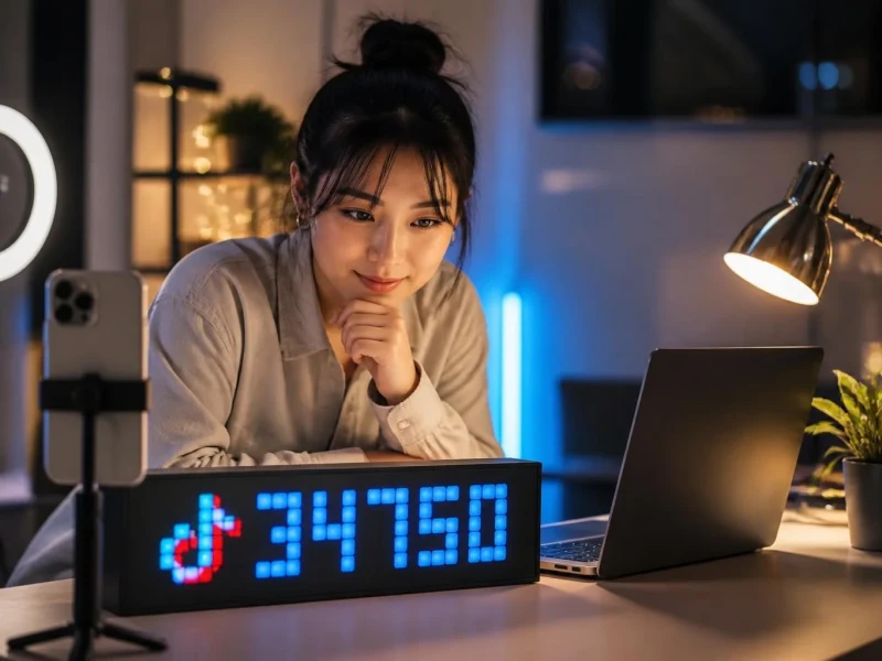 Une jeune femme regarde avec satisfaction un compteur d'abonnés TikTok affiché sur un écran numérique