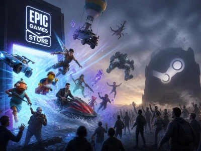 Une foule de joueurs observe des personnages de jeux vidéo sortir d'un portail grâce à un jeu gratuit epic game