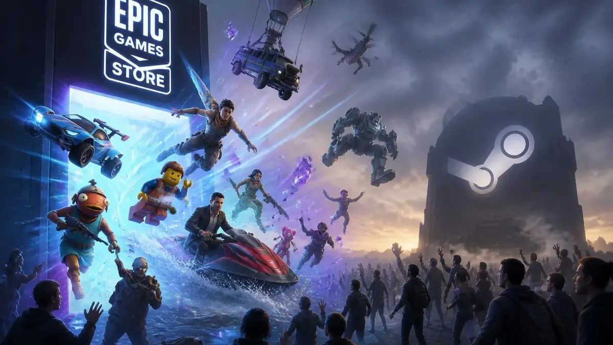 Une foule de joueurs observe des personnages de jeux vidéo sortir d'un portail grâce à un jeu gratuit epic game