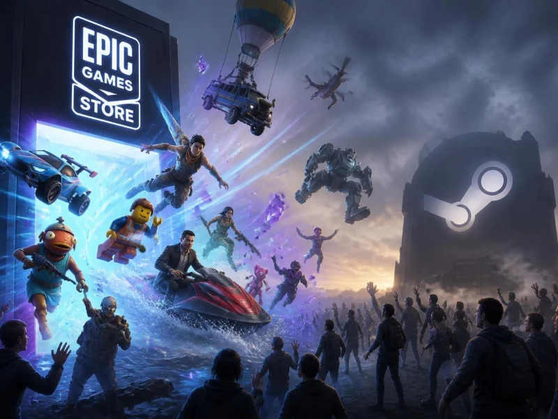 Une foule de joueurs observe des personnages de jeux vidéo sortir d'un portail grâce à un jeu gratuit epic game