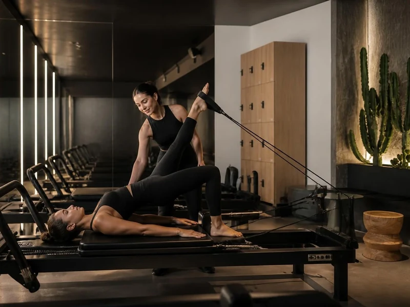 Une coach accompagne une élève sur un appareil de Pilates au studio kore Richard Lenoir