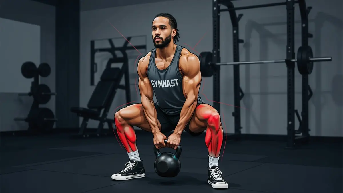 Un homme musclé effectue un sumo squat avec un kettlebell dans une salle de gym