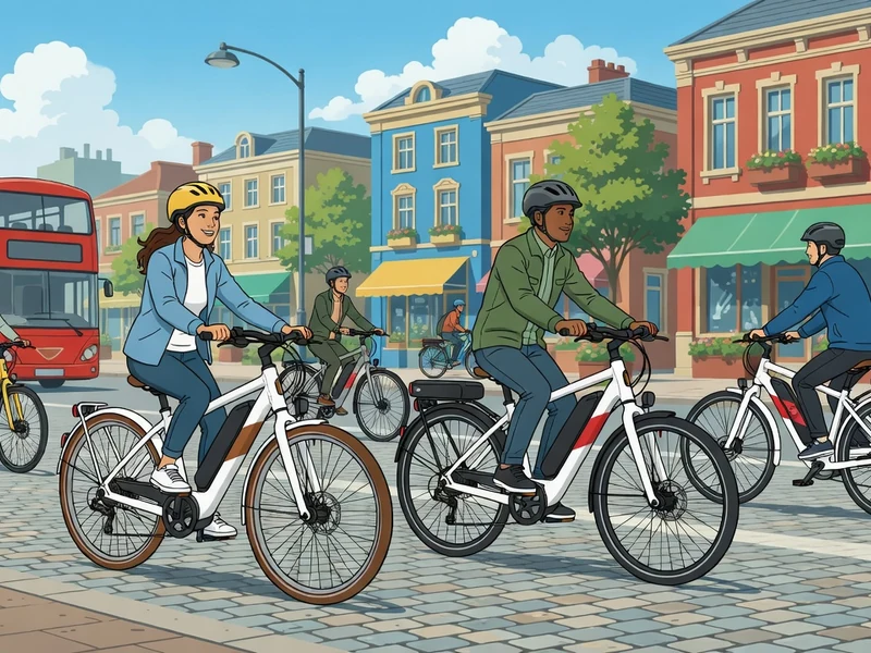 Des cyclistes roulent sur leur vélo électrique Décathlon dans une rue de ville animée