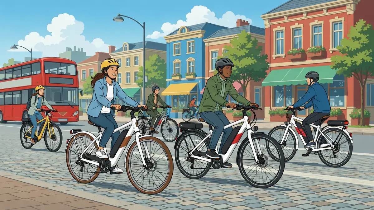 Des cyclistes roulent sur leur vélo électrique Décathlon dans une rue de ville animée