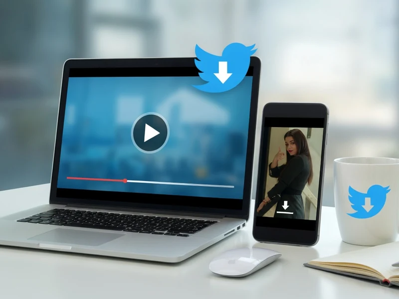 A laptop and smartphone on a desk displaying videos to download Twitter video