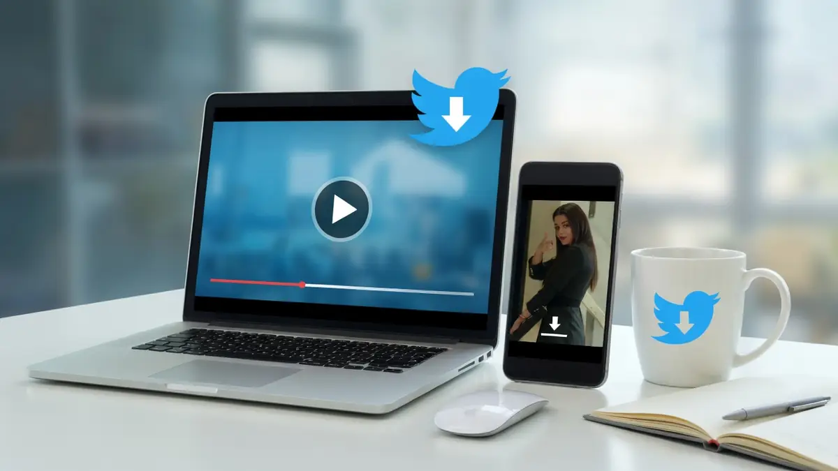 A laptop and smartphone on a desk displaying videos to download Twitter video