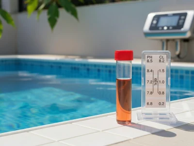 Test de couleur pour mesurer le pH piscine avec un échantillon d'eau au bord du bassin