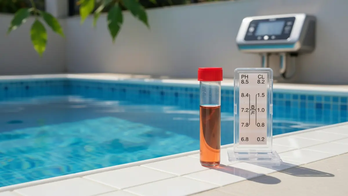 Test de couleur pour mesurer le pH piscine avec un échantillon d'eau au bord du bassin