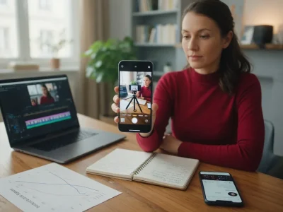 Une femme tenant un smartphone devant son ordinateur portable pour gagner des abonnés TikTok gratuit