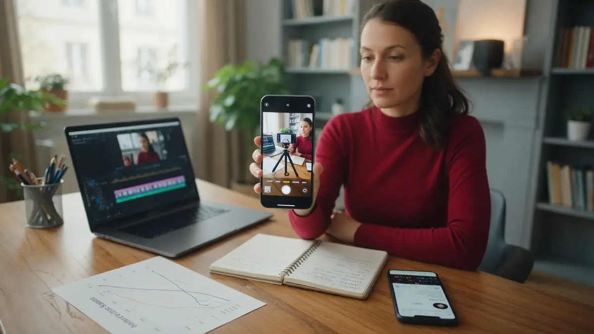 Une femme tenant un smartphone devant son ordinateur portable pour gagner des abonnés TikTok gratuit