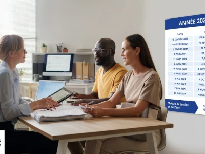 Une notaire mène une consultation notaire gratuite avec deux clients autour d'une table de réunion