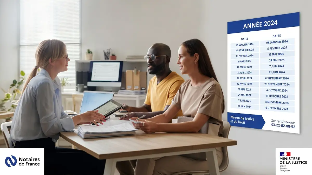 Une notaire mène une consultation notaire gratuite avec deux clients autour d'une table de réunion