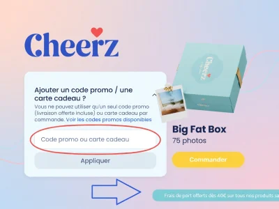 Capture d'écran d'une commande en ligne avec un code promo Cheerz mis en évidence pour une boîte photo
