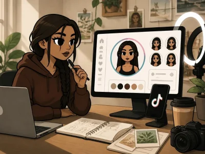 Une jeune femme crée une illustration personnalisée pour sa photo de profil TikTok sur son ordinateur