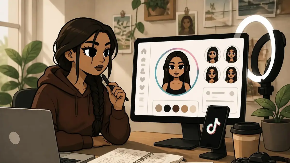 Une jeune femme crée une illustration personnalisée pour sa photo de profil TikTok sur son ordinateur