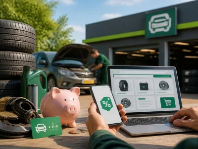 Une personne utilise son smartphone et un ordinateur pour profiter d'un code promo Feu Vert lors de l'entretien automobile