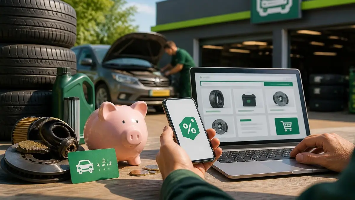 Une personne utilise son smartphone et un ordinateur pour profiter d'un code promo Feu Vert lors de l'entretien automobile