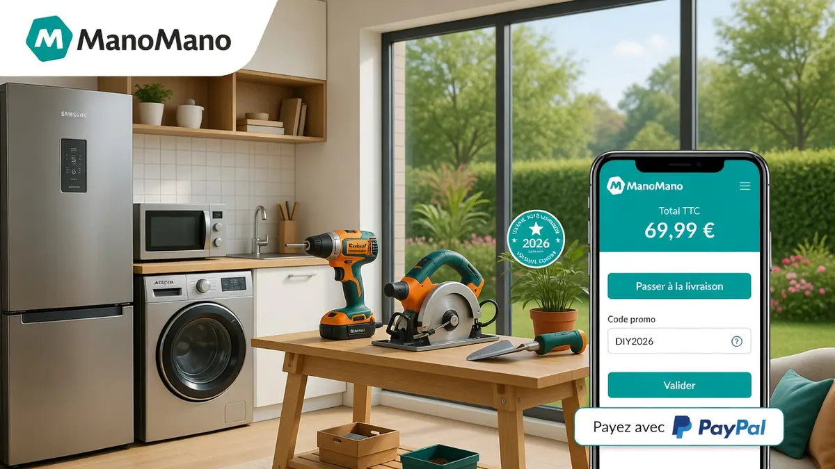 Une cuisine lumineuse avec outils de bricolage sur table et vue sur jardin illustrant le code promo ManoMano