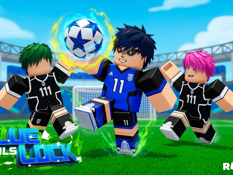 Des personnages Roblox jouent au football sur un stade avec un ballon lumineux pour le code Blue Lock Rivals