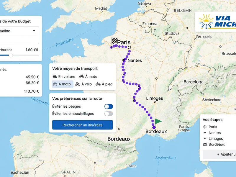 La carte de France met en évidence ViaMichelin itinéraire entre deux villes reliant le nord au sud-ouest