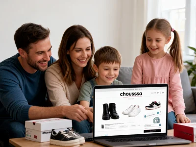 Une famille regarde des chaussures sur un laptop entourée de boîtes pour utiliser un code promo Chaussea
