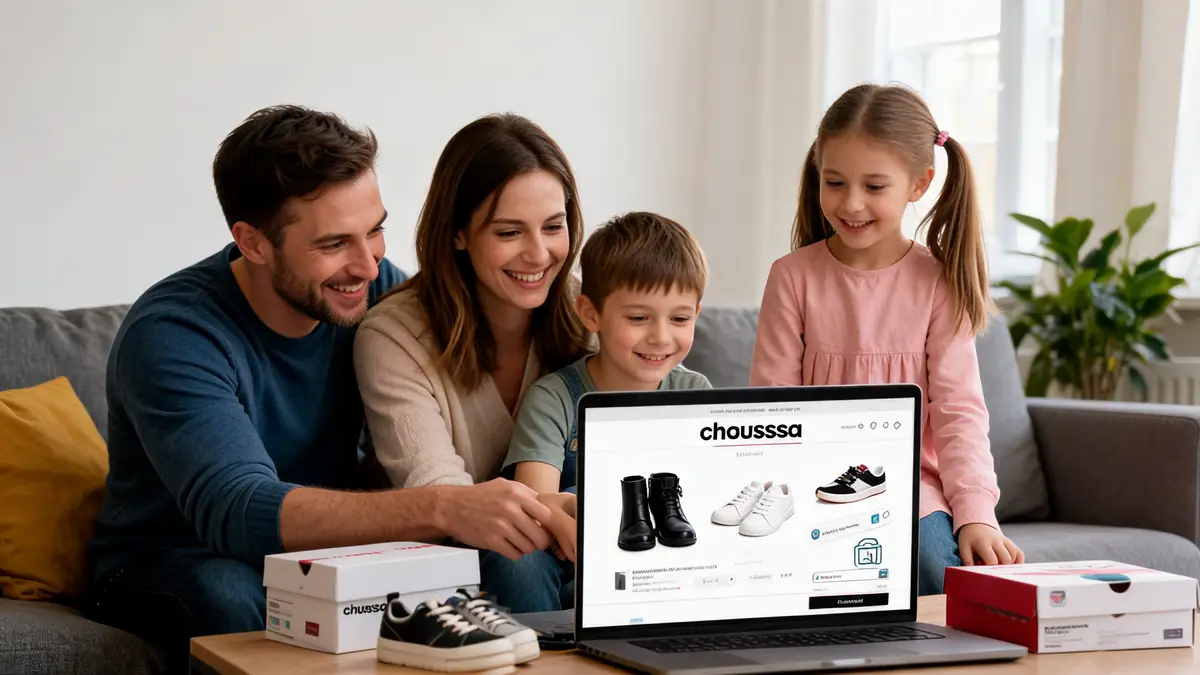 Une famille regarde des chaussures sur un laptop entourée de boîtes pour utiliser un code promo Chaussea