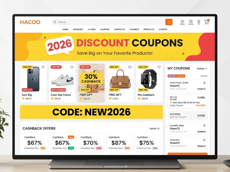Un écran d'ordinateur sur un bureau présente des produits et réductions avec code promo Hacoo